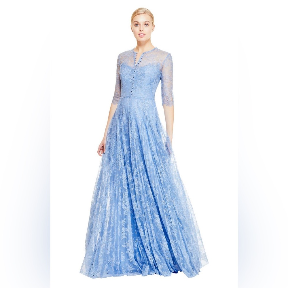 🎉HP🥳 Lela Rose Fine Chantilly Lace Cinderella Blue Pleated Gown